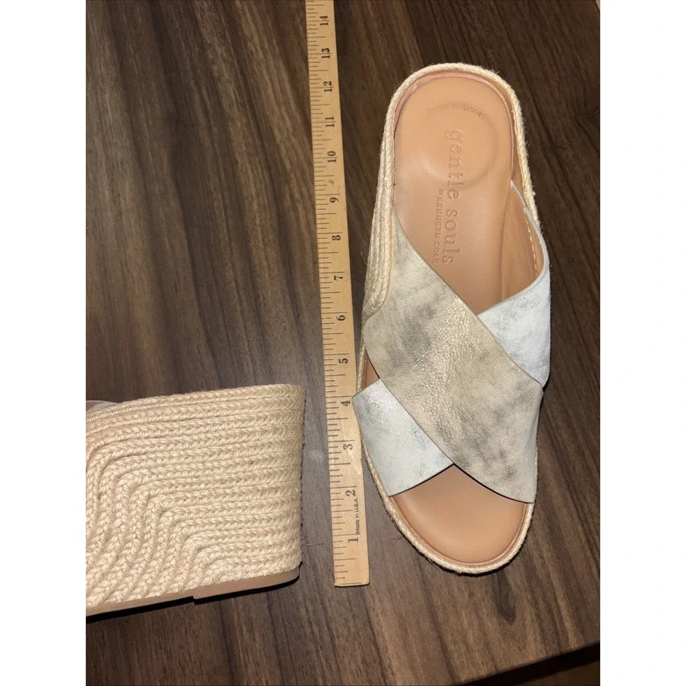 $189 Gentle Souls Porto 7.5 Slide Sandals Wedge Leather Silver Gold Espadrilles